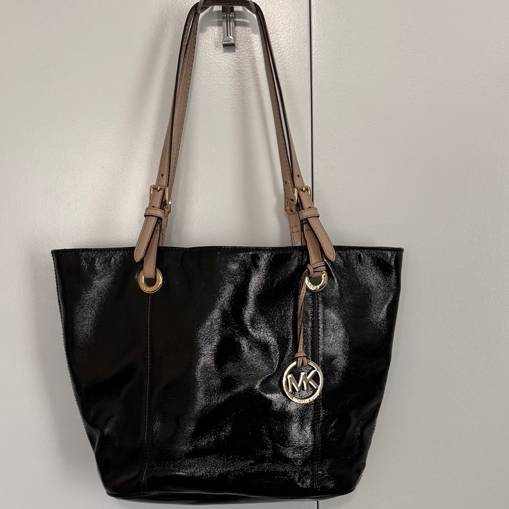 Michael Kors Black Patent Tote with Tan Straps and Gold MK Charm